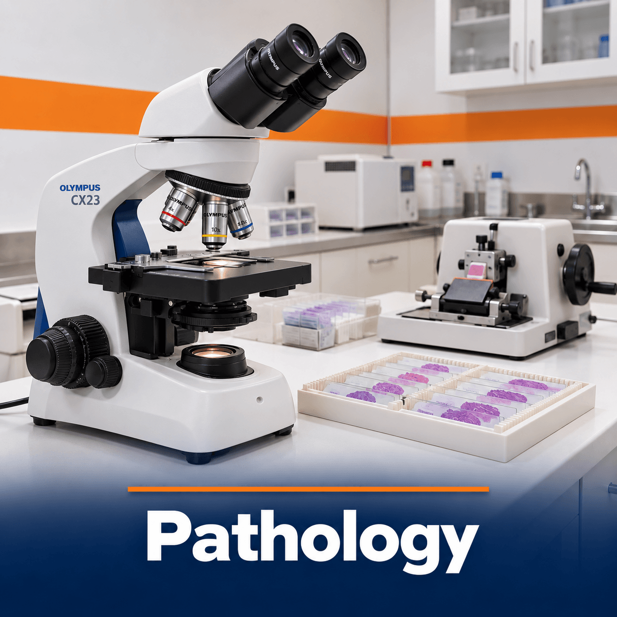 Pathology: microscope, microtome and prepared tissue slides